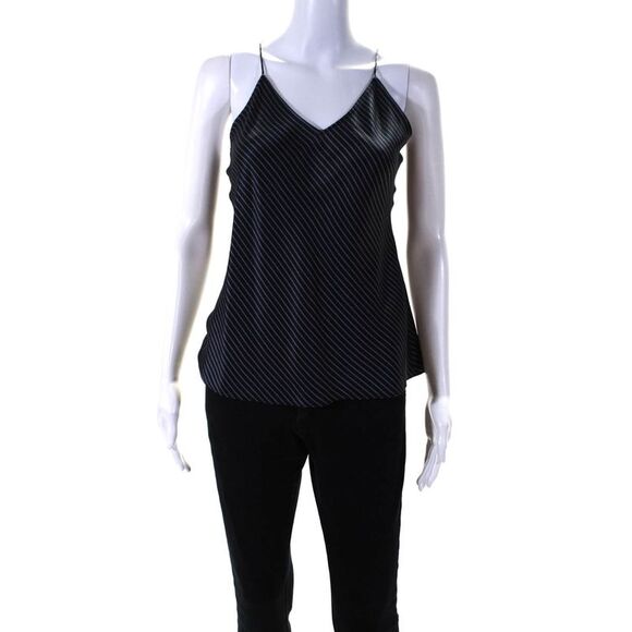 Theory Tops - Theory Womens Navy Blue Silk Striped V-Neck Sleeveless Blouse Top Size P
